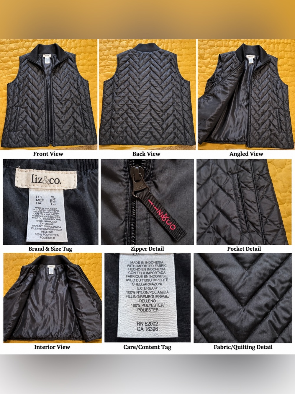 Women’s Liz & Co Black Chevron Quilted Puffer Vest XL